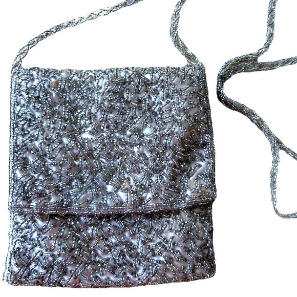 VTG Silver Beaded Tiny Purse Formal Bag Prom Dance Formal Wedding Guest 40s 50s - Picture 1 of 11